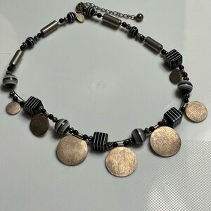 Chico’s Black white Beaded Statement Necklace Metal Disc Silver Tone Adjustable